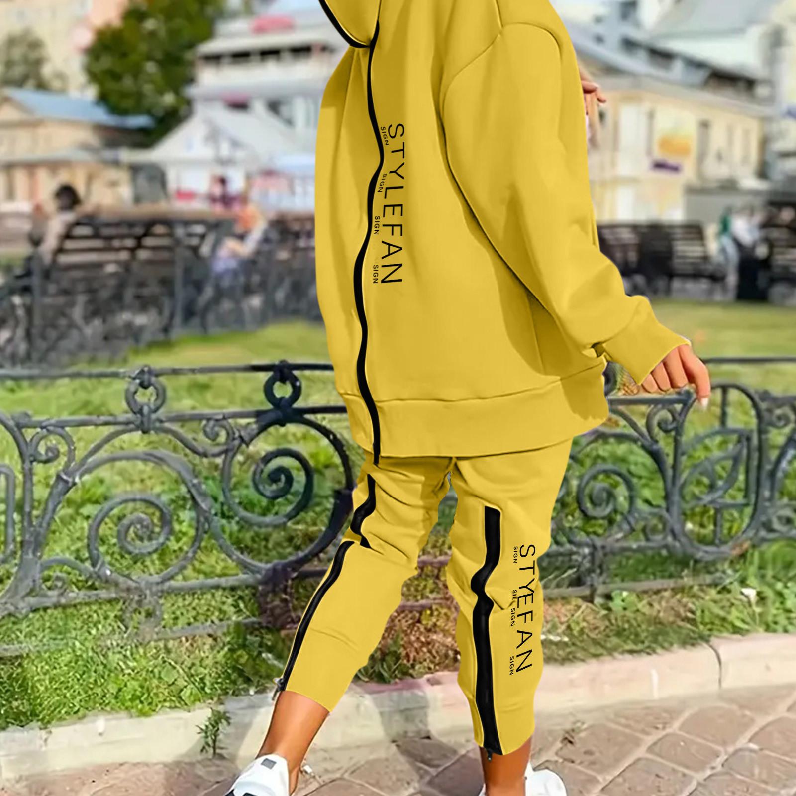 

Женский комплект из двух предметов с длинными рукавами, длинными брюками и капюшоном на молнии XL жёлтый