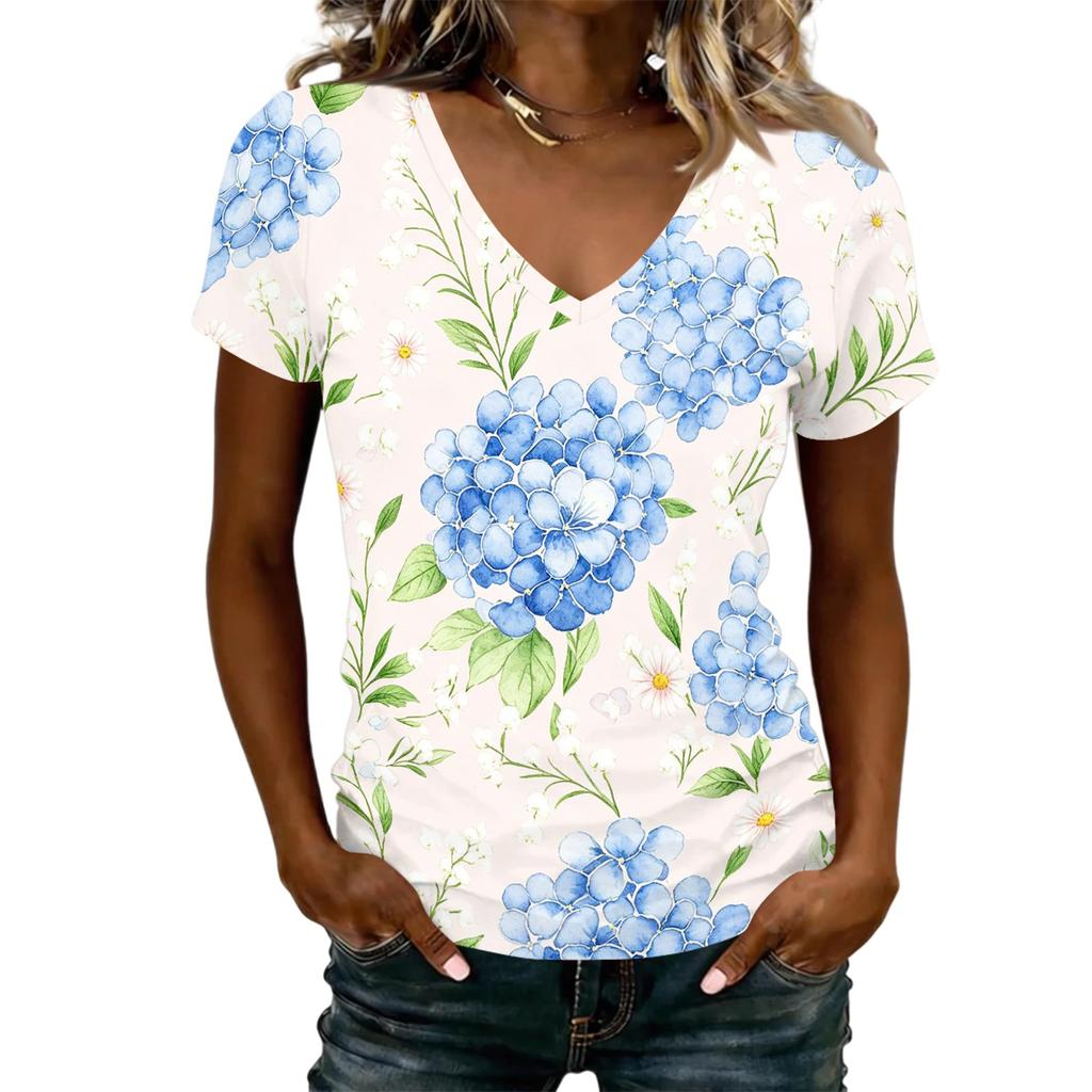 Women V Neck Short Sleeve T Shirt Floral Print Casual Loose Fit Lightweight Comfortable Top for Daily Wear
