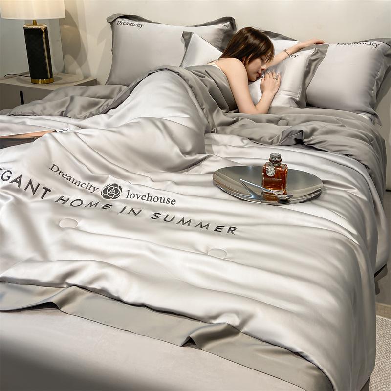 Class A Ice Silk Water Washable Summer Quilt Set - Naked Sleep Embroidery, Thin Blanket, Air Conditioning Quilt, Four-Piece Gift.