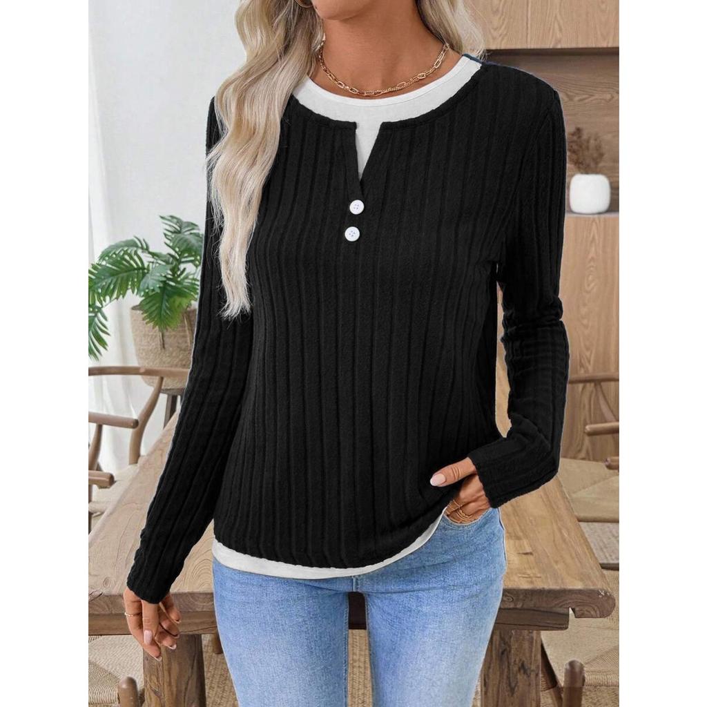 Fall Winter Women's Fake Two-piece Crew Neck Button Pullover Brushed Long Sleeve T-shirt, Casual Top for European American Crossborder
