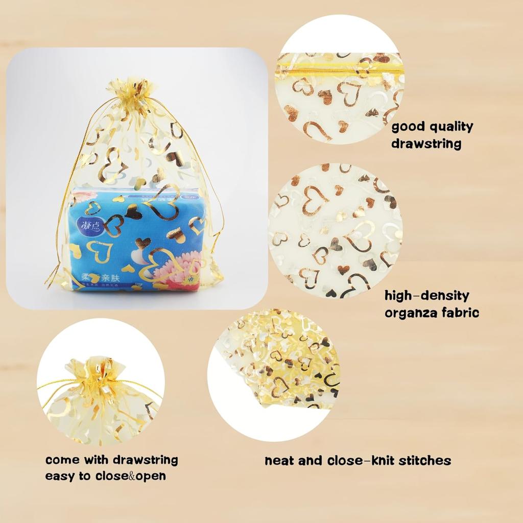 QIANHAILIZZ 100 Pack 7 x 9 Inch Drawstring Flower Heart Bags Organza Jewelry Gift Pouch Candy Pouch Drawstring Wedding Favor Bags (gold heart)