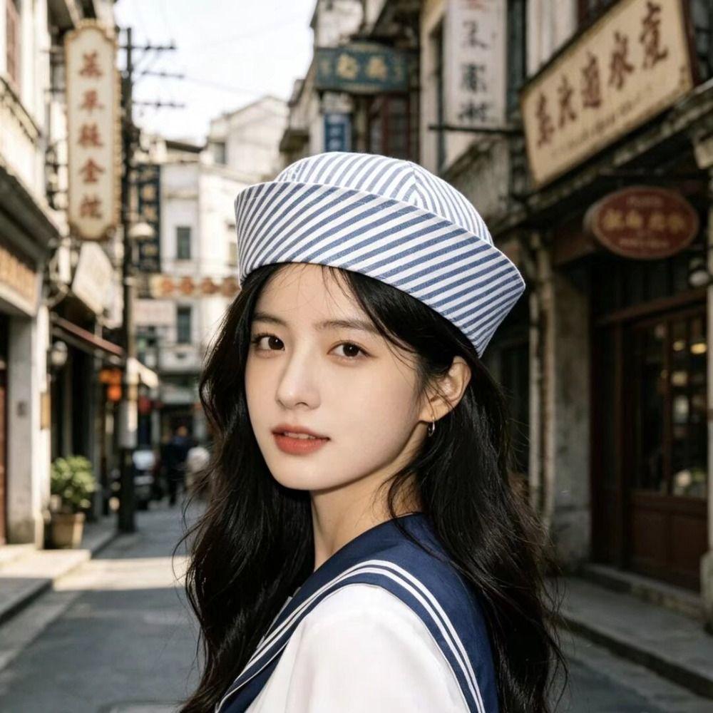 Blue Striped Stripe Sailor Hat Y2K Beret Hat Fashion Captain Hat  Spring