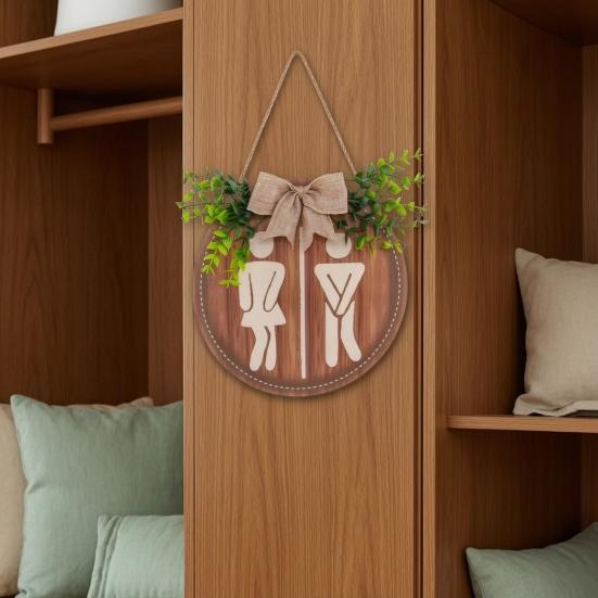 Massivholz Badezimmer Wandkunst Holz Toilettenschild, Herren und Damen Toilette Geschlechtsneutrales Schild Runde Rustikale Bauernhaus Hängeschild für Waschraum