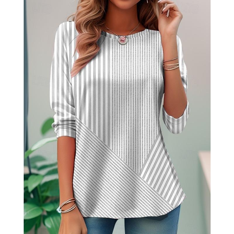 Women's Casual T-shirt 3D Printed Striped Print Round Neck Retro Elegant Long Sleeves Women's Fashion Pullover Long Sleeve Tops