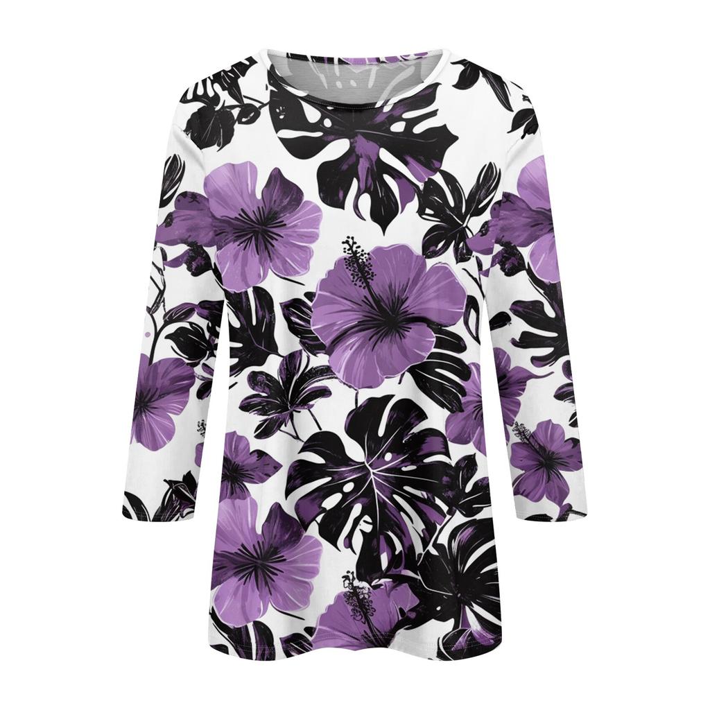 Women's Fashion Casual Round Neck 3/4 Sleeve Printed T-Shirt Ladies Top