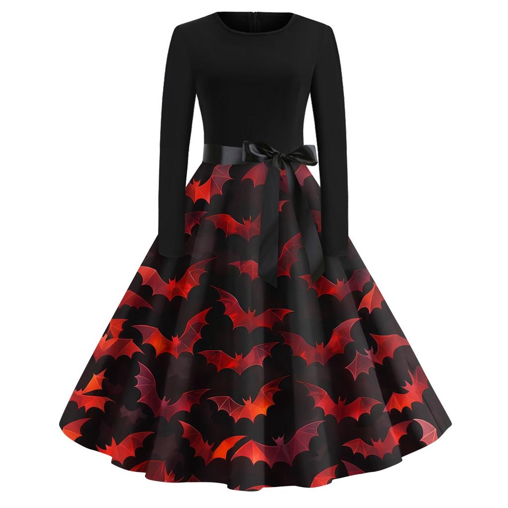 Halloween Print Flare Dress For Women Long Sleeve Dress Hollow Party Casual Round Neck Dresses