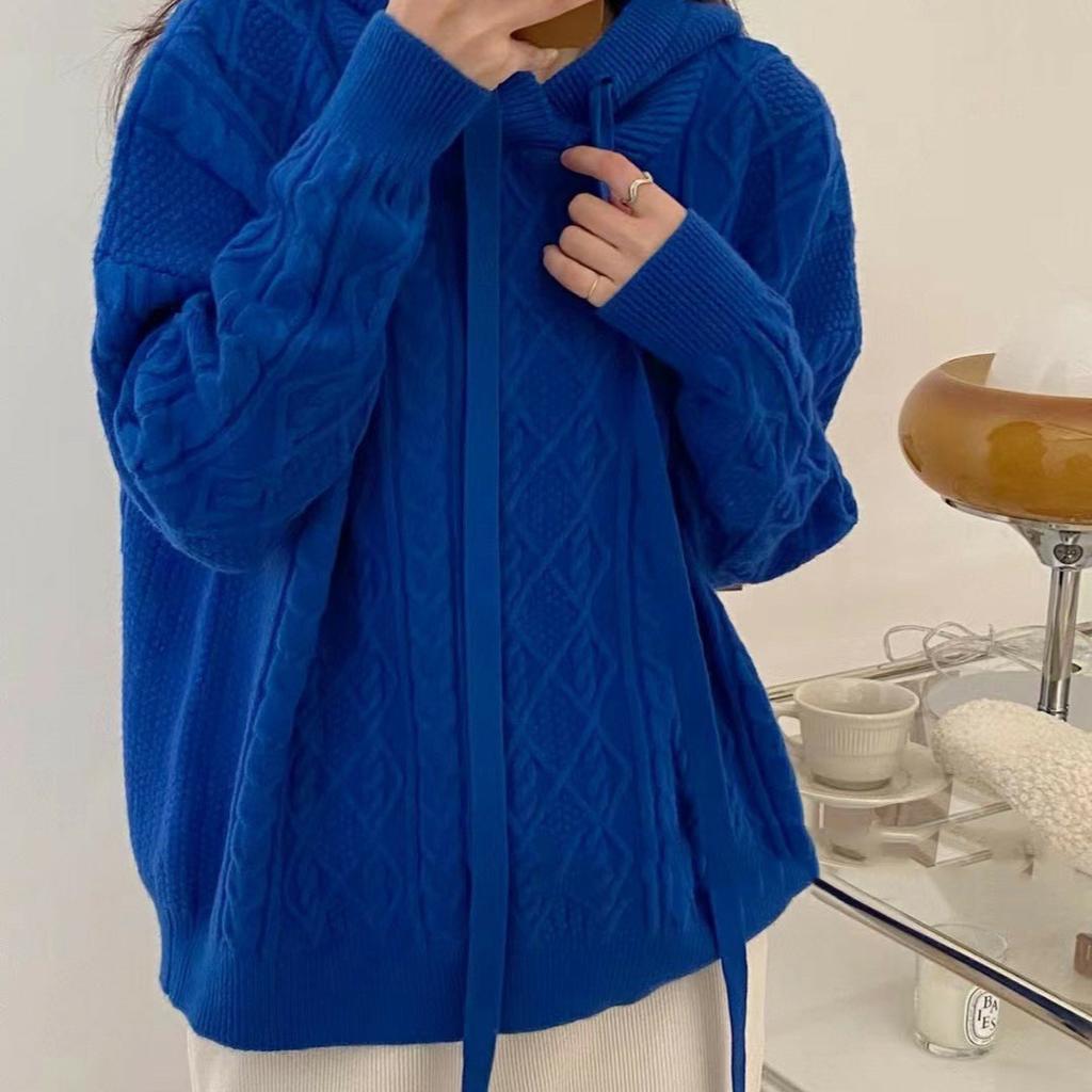 Knitted Hooded Sweaters for Women Classic Solid Knitted Pullover Oversized Fall Winter Casual Knitwear Sweatshirt