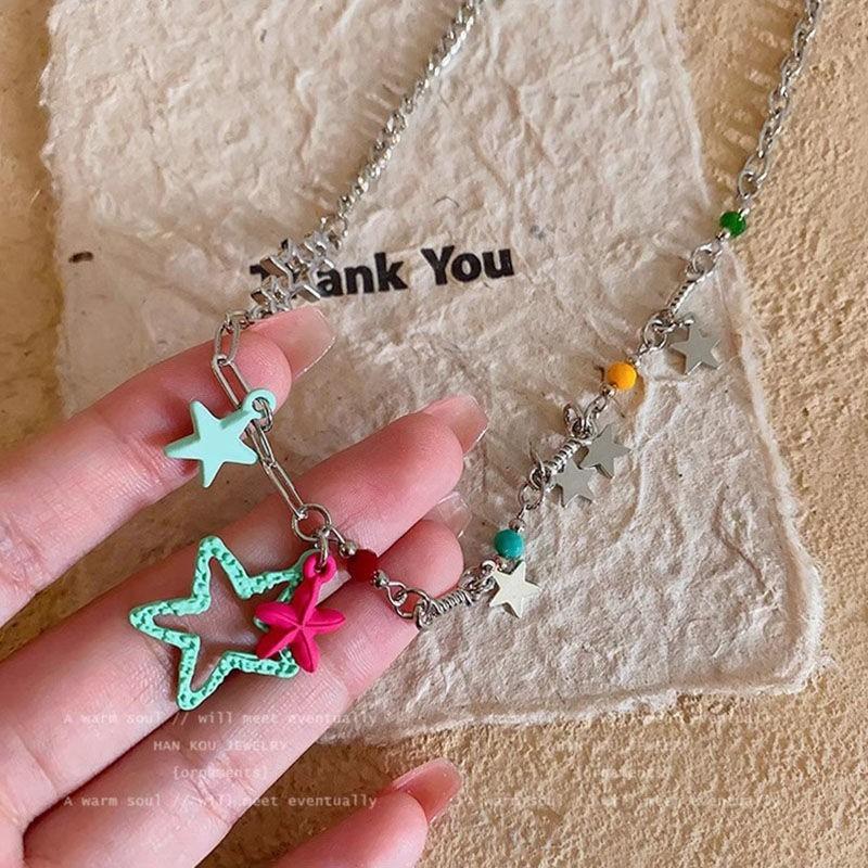 Dopamine Color Star Pendant Necklace Women's Summer Sweet and Cool Design Sense Collarbone Chain Niche Stacked Neck Chain Accessories