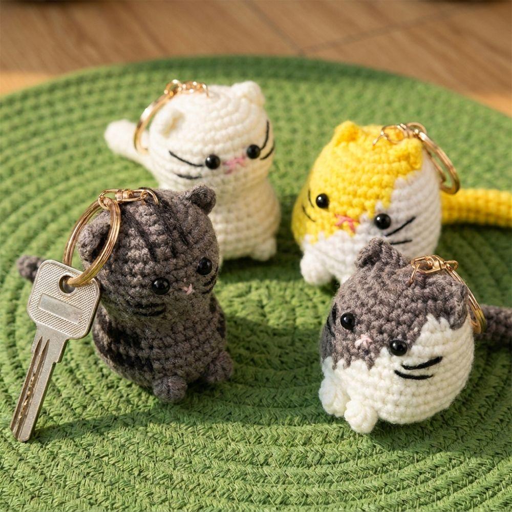Handmade Crochet Cat Keychain Multi-color Cat Plush Keychain Cute Kitten Doll Keychain Gift Giving