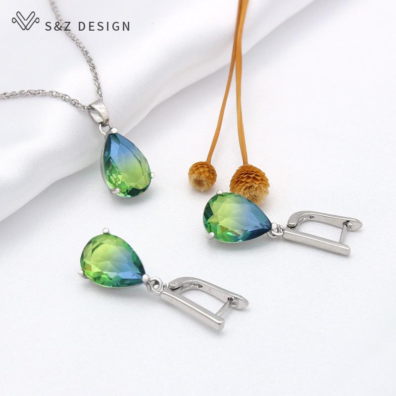Fashion Water Drop Dangle Earrings Jewelry Sets For Women Girl Rose Gold Color Pendant Necklace Wedding Party Gift