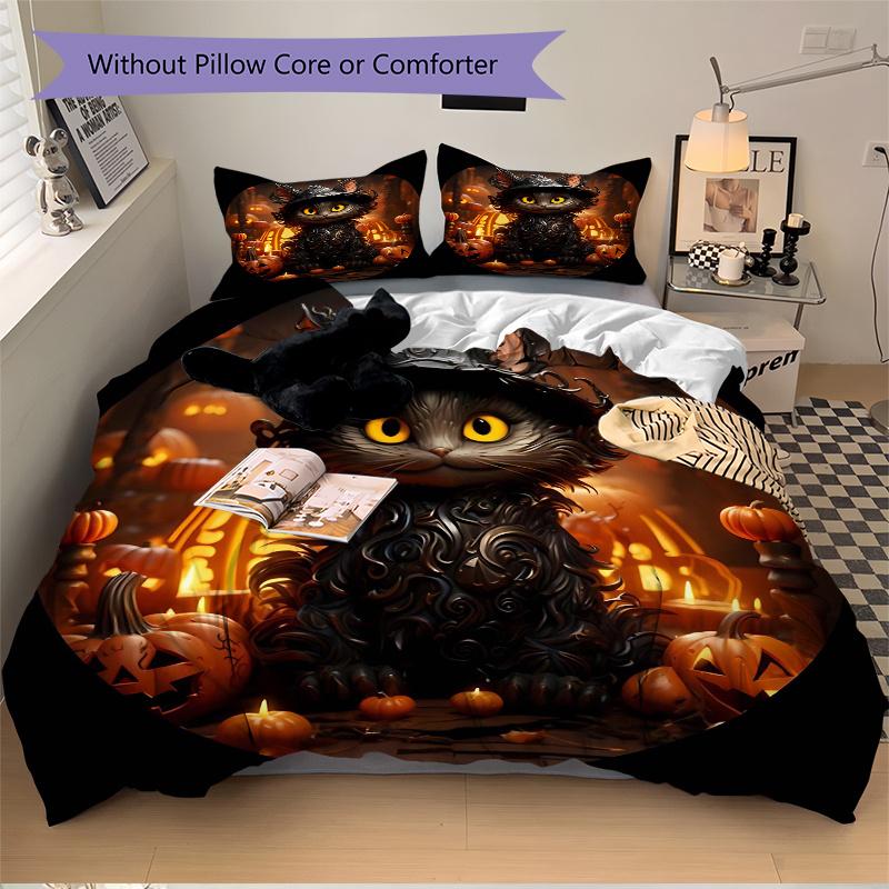 3pcs Handsome Black Cat Halloween Pattern Bedding Set, 1* Cover + 2*Pillowcases, Printed Bedding Set, Soft and Comfortable, Suitable for Bedroom