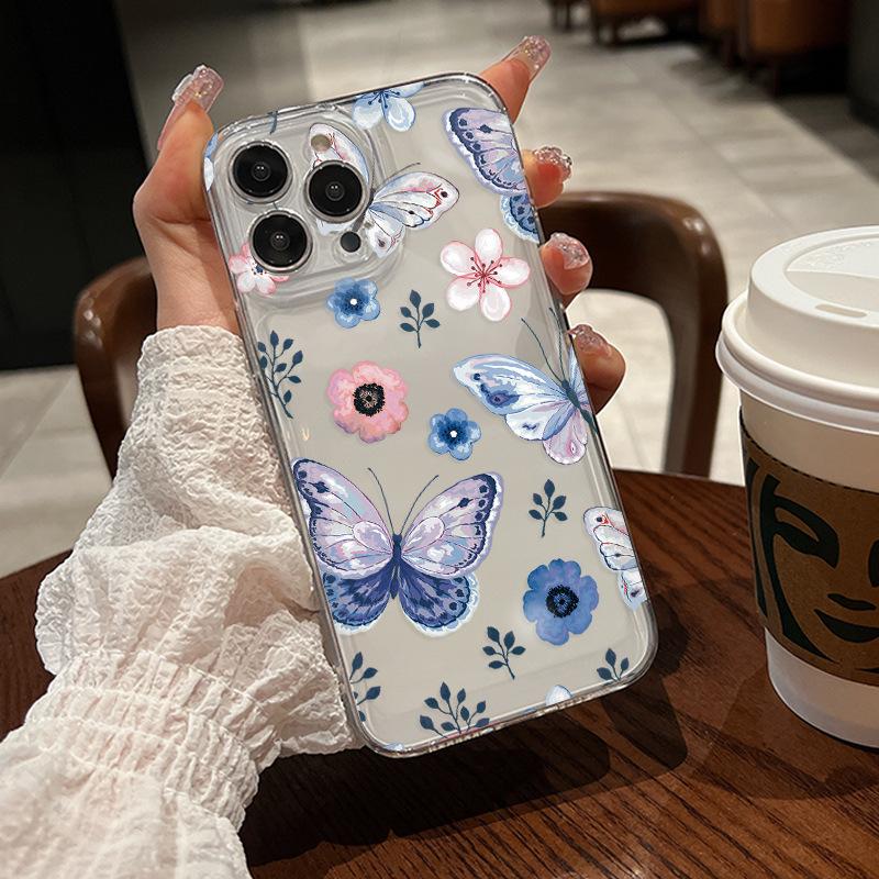 Japanese and Korean ins wind blue butterfly is suitable for Apple 16pm mobile phone case 17 anti-drop transparent iphone15pro girls