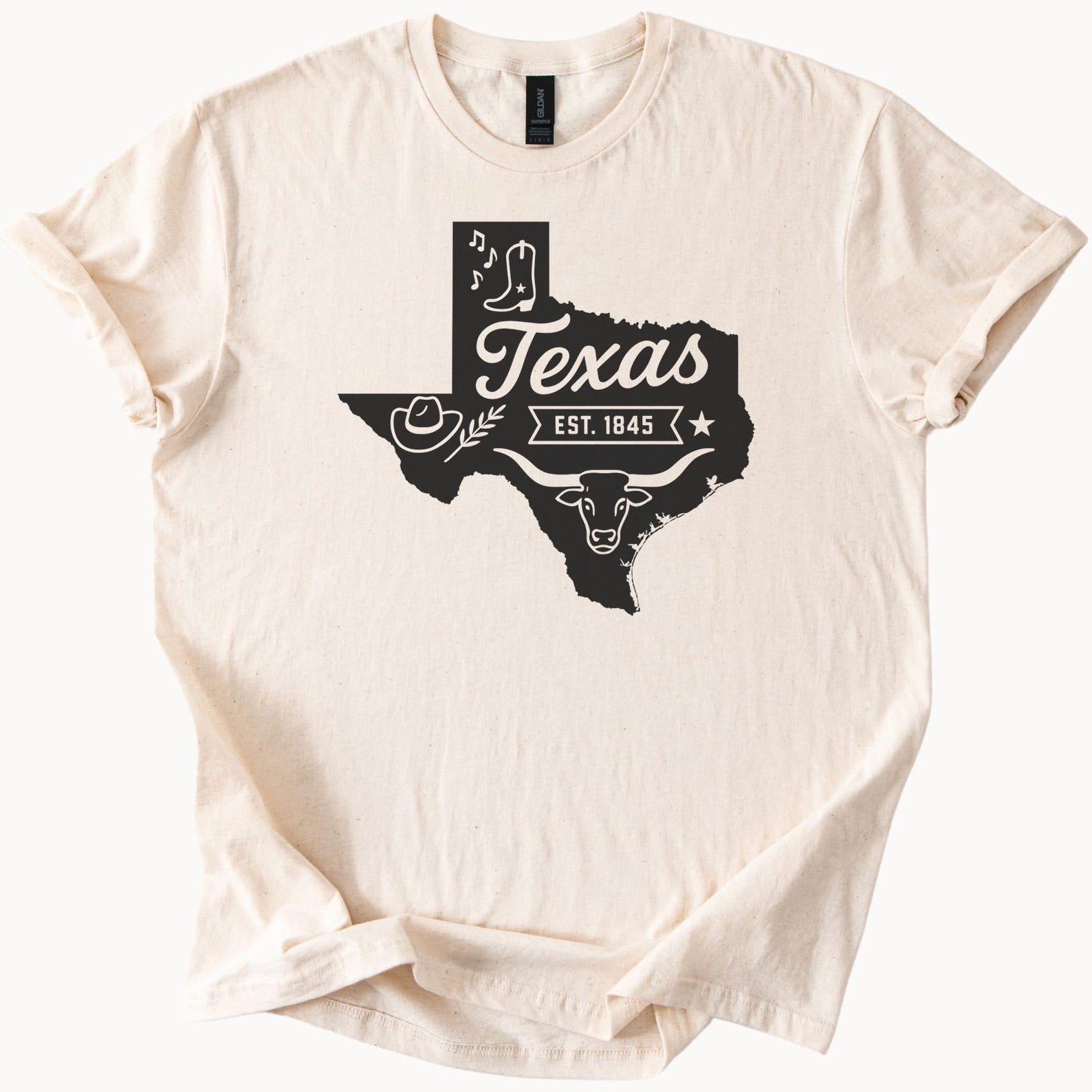Texas Graphic T Shirt State Outline with Cowboy Boot Hat Longhorn Music Notes Star and Est 1845 Western Country Graphic Tee 130