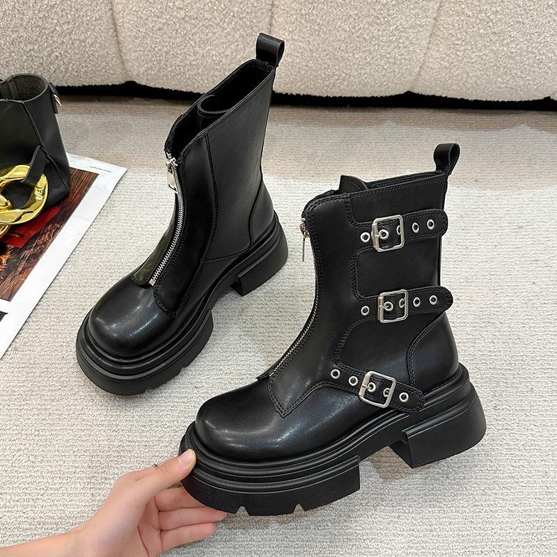 2025 Autumn and Winter New Martin Boots Women's Heightening Fashion Versatile Knight Boots Medium Boots British Style Platform Short Boots