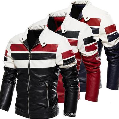 Chaqueta de Hombre Nuevo Estilo Chaqueta de Motociclista para Hombre Combinación de Colores Chaqueta de PU Mismo Estilo Más Terciopelo Chaqueta de Cuero para Hombre Talla Grande