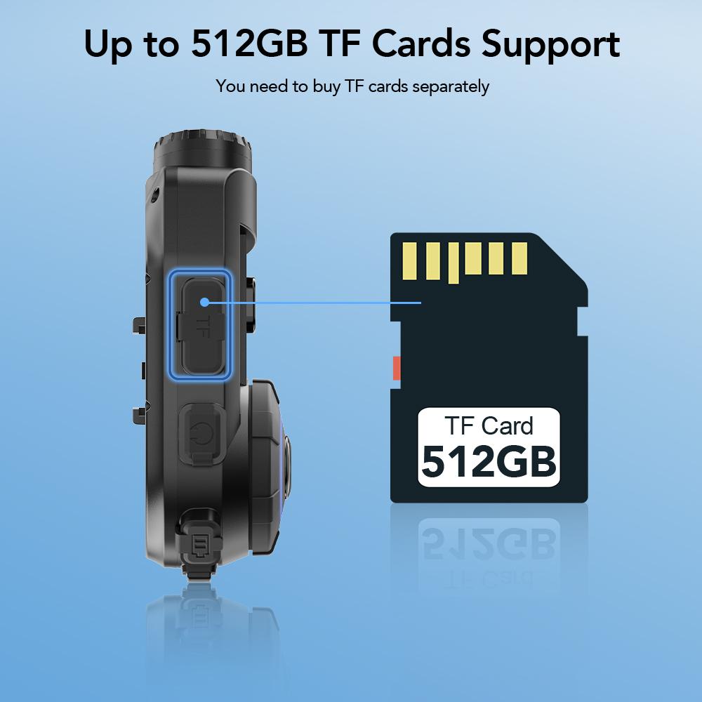 Motociklo šalmo „Bluetooth 5.1“ domofonas su 2K HD kamera, FM radiju, 10 W, USB C, greitas įkrovimas, 6 motociklininkams, 1500 m