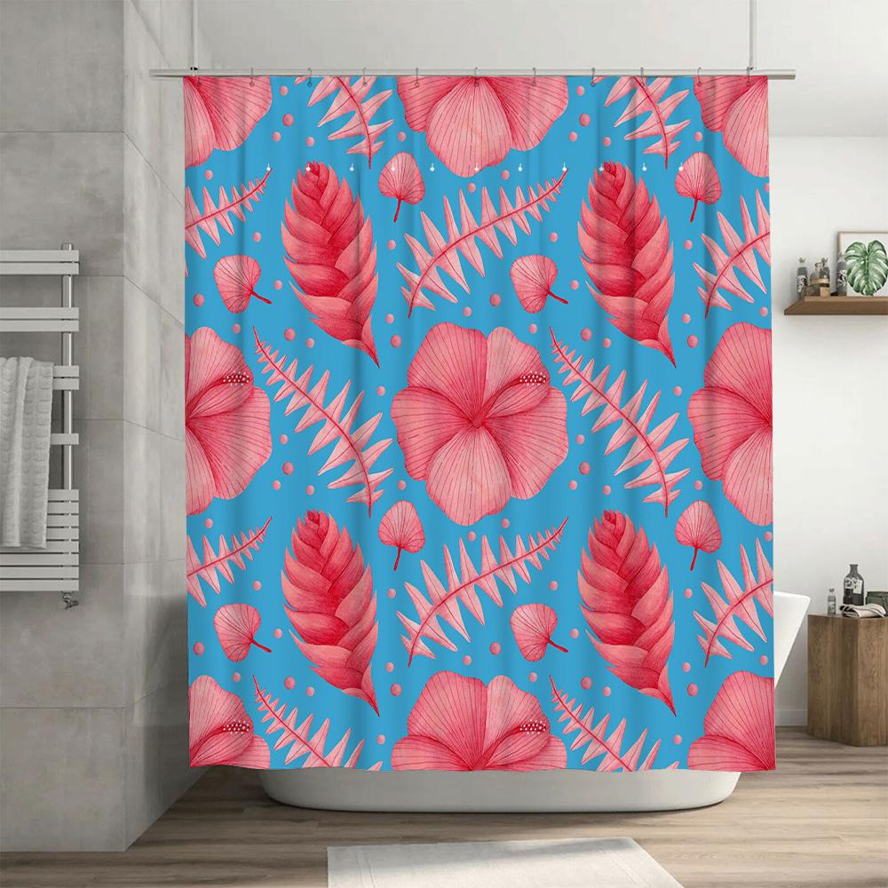 Blue Tropical Leaves Shower Curtain Bath Decor Waterproof Fabric Pink Floral Design For Bathroom Decoration