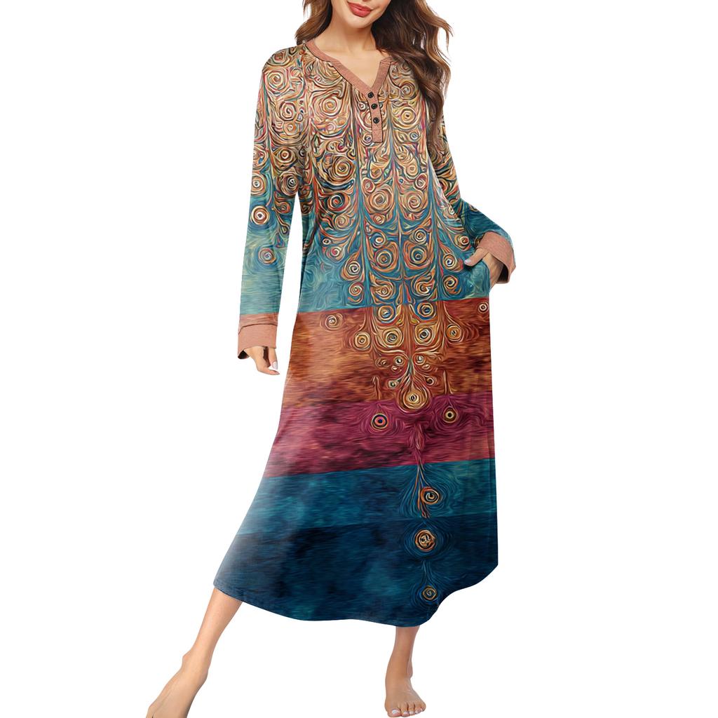 Dámská noční košile dlouhá společenská V-výstřih noční košile s kapsami