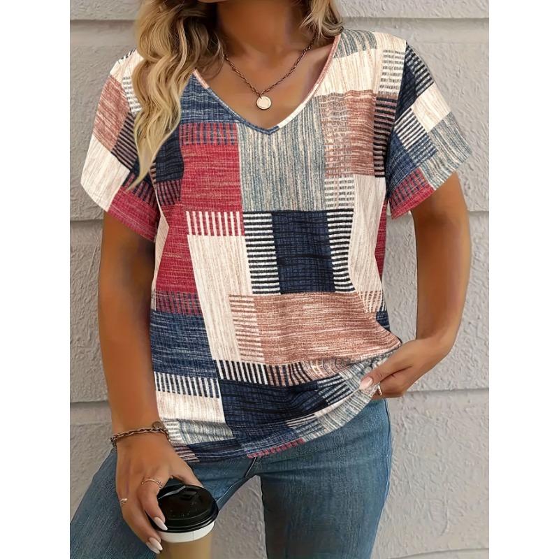 Fashion Colorful Stripe T-Shirts  Print New Women's Casual Short Sleeve V-Neck  Tees Harajuku Tops Female Clothing