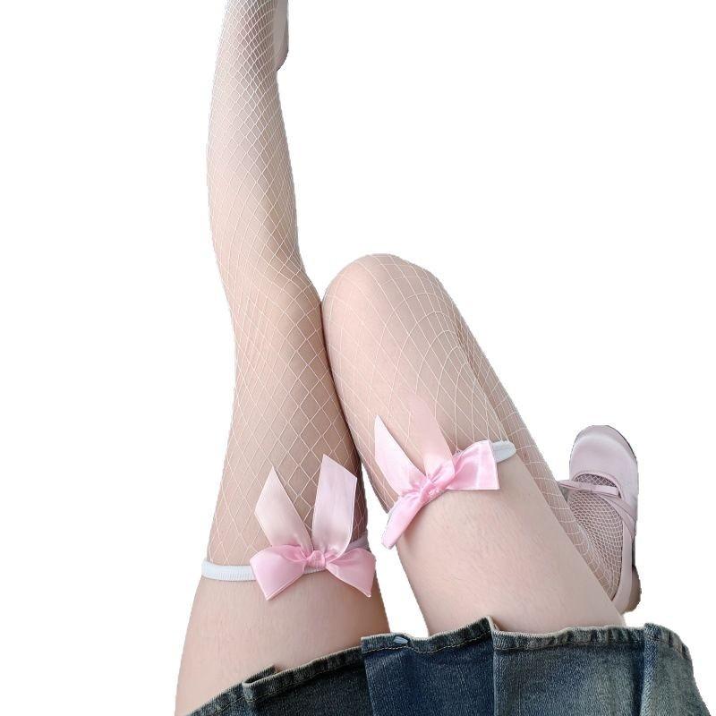 Mesh Long Bow White With Powder Fishing Net Black Silk Thigh Socks Fine Mesh Half-Cut Knee Socks Pure Desire Thin