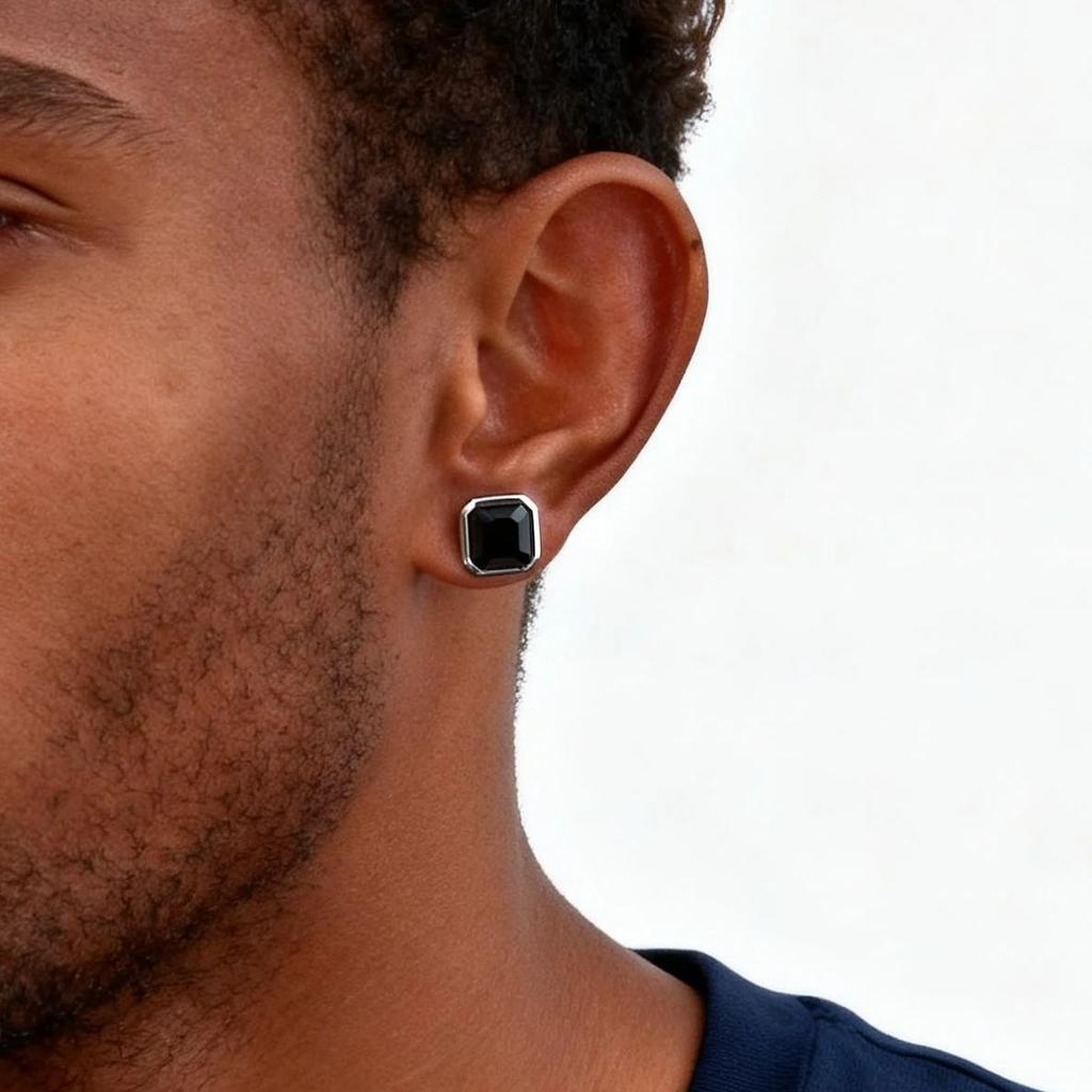 Stylish Hip Hop Natural Stone Black Agate Earrings for Men, Simple Stainless Steel Square Stud Earrings, Trendy Piercing Jewelry
