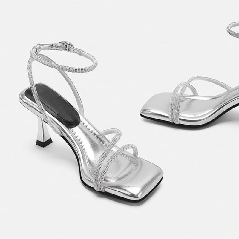 Fashion New Rhinestone with One-word Strap To Step on Shit and Feel Cool Slippers Spring Stiletto Wear Outward Height-enhancing Shoes