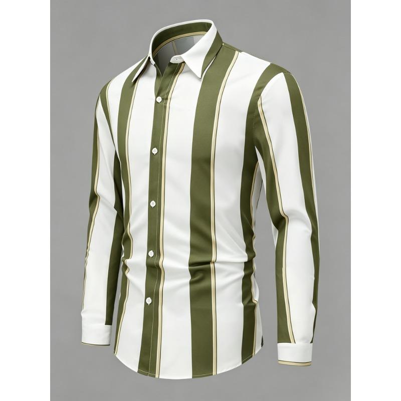 Men's Olive Green Vertical Striped Long Sleeved Shirt with Collar, European and American Business Daily Casual Versatile Top