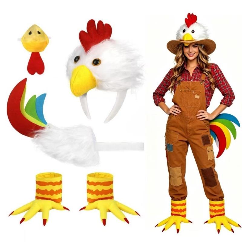 Farm Bird Character Outfit for Adults, 5 Piece Chicken Costume Accessory Set with Soft Headpiece, Tail Piece, Beak Nose Detail and Footwear Sleeves