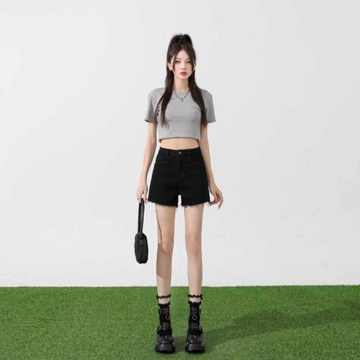 Women's High-Waist Elastic Denim Shorts - Summer Thin, Loose, Three-Quarter Length with Split Hem