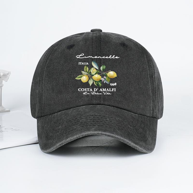 "Limoncello Costa D'Amalfi" Lemon Print Washed Baseball Cap Adjustable Unisex Italian Summer Sun Hat
