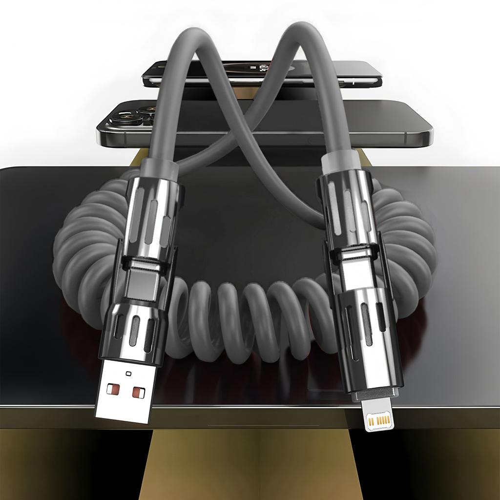 240W Coiled 4 In 1 Fast Charging Cable,USB A/C To USB C/L,Multi Functiona Retractable Cord for iPhone 17/16,Samsung Galaxy S25