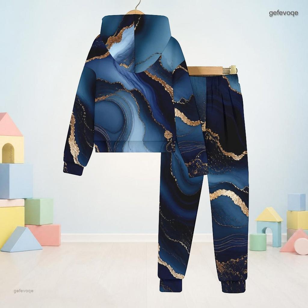 Boys Girls Hooded Long Sleeve Sweatshirt Marble Printed Blue Gold Cuffed Pants Two Piece Set