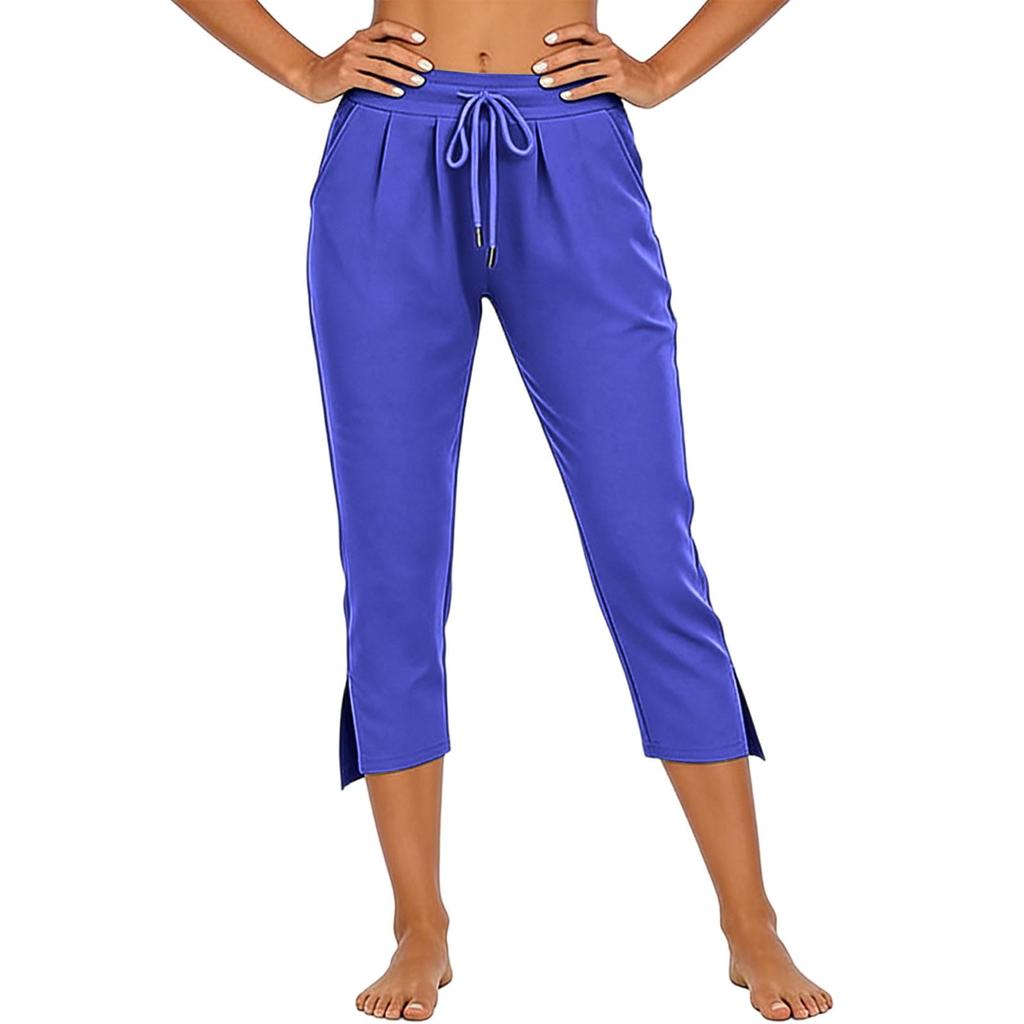 Women's High Waist Split Hem Capri Pants Casual Sporty Gym Workout Yoga Lounge Pants with Drawstring Waist and Side Pockets