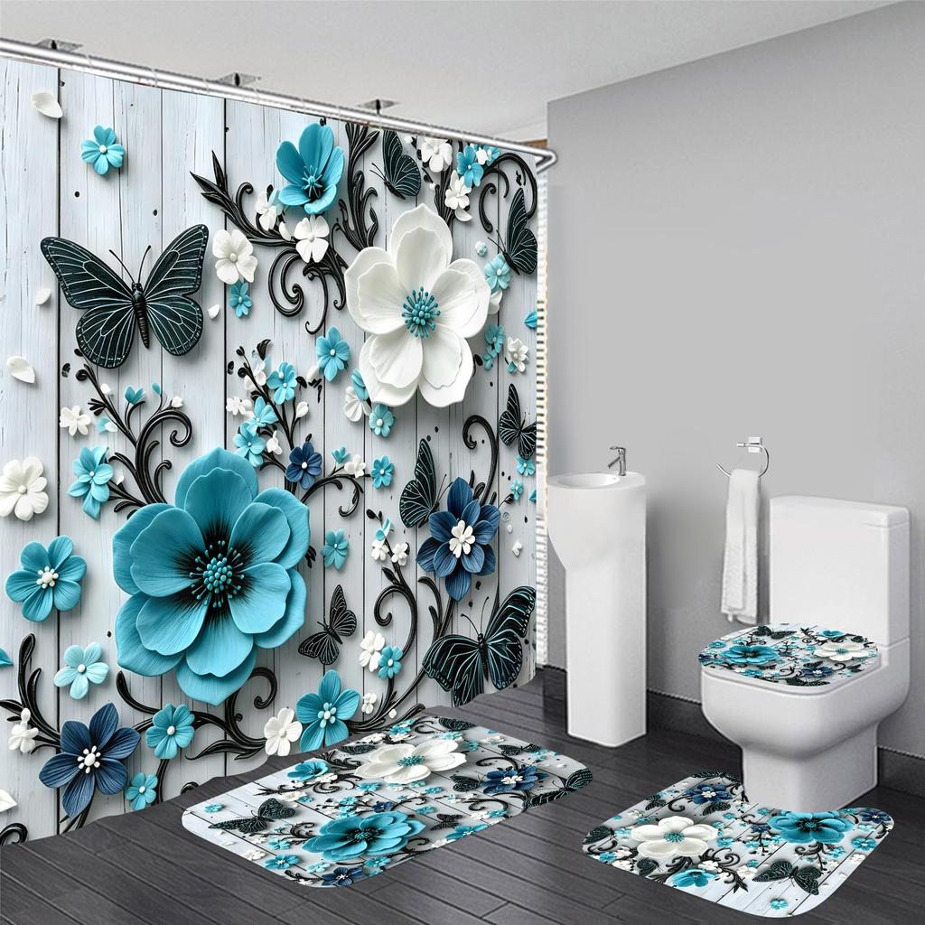 4Pcs Shower Curtain Set with Non-Slip Bath Mat, Toilet Lid Cover, Contour Rug & 12 Hooks, Bathroom