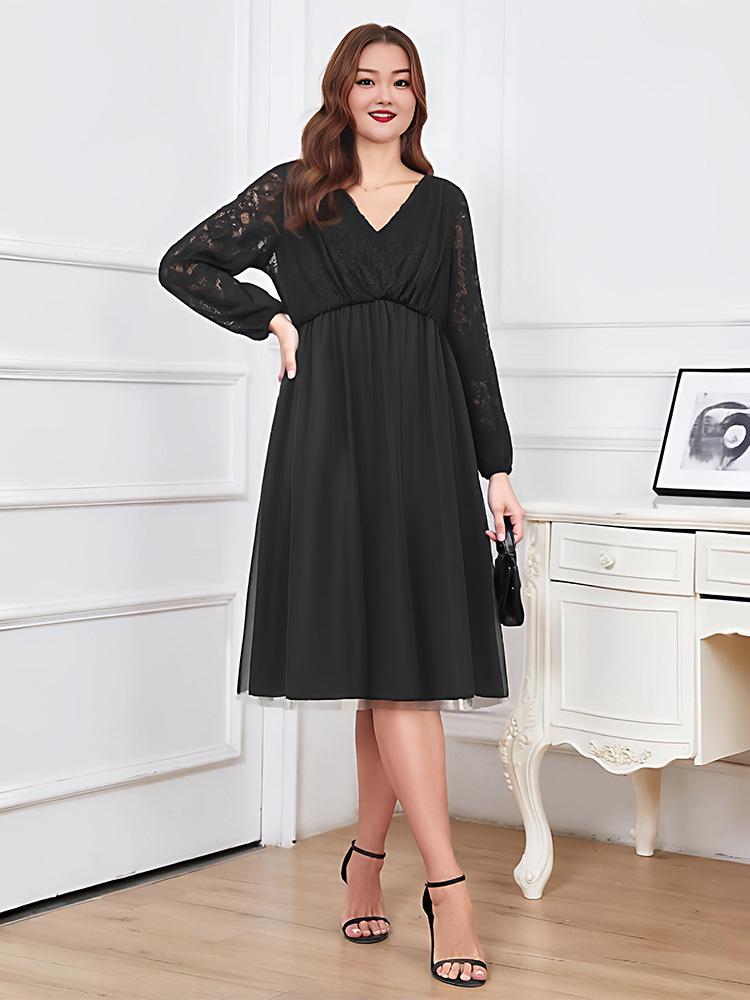 Plus Size Women's Mesh Lace Long-Sleeve Dress for Spring & Fall – Stylish Evening Gown for Slightly Plump Figures