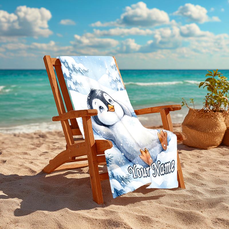 1PC Custom Name Snowy Penguin Winter Scene Beach Towel Highly Absorbent And Sand-Resistant Towel for Swimming, Pool, Yoga, And Travel Lightweight