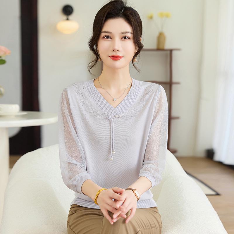 

Элегантный вязаный топ с прозрачными рукавами для женщин: Стильный, Молодежный Базовый Слой для Людей Среднего и Пожилого Возраста XL (105-120 jin)