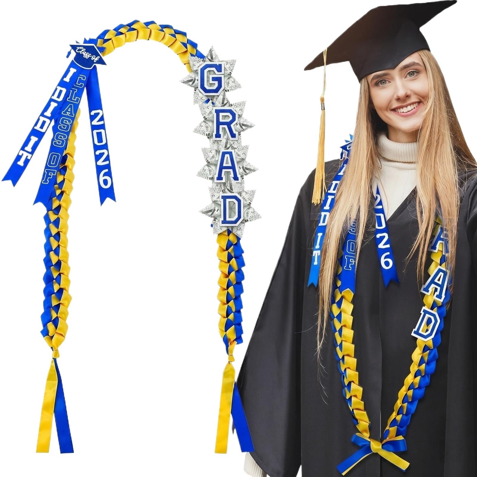

Graduation Lei Necklace Braided Ribbon with GRAD Letter Charms and Tassels for Graduation Ceremony Celebration Accessory One Size синий
