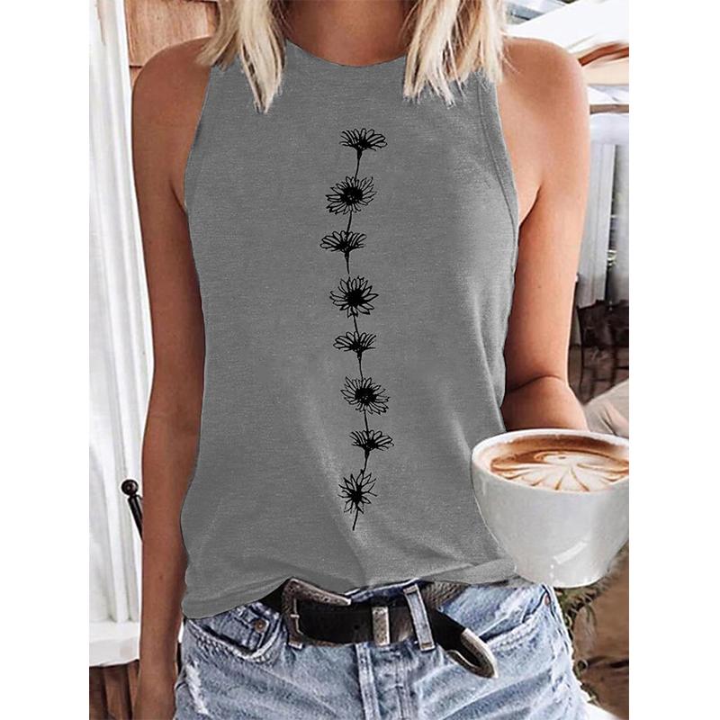 Women's 3D floral printed sleeveless T-shirt, Y2K casual streetwear, oversized round neck vest, off shoulder, holiday T-shirt