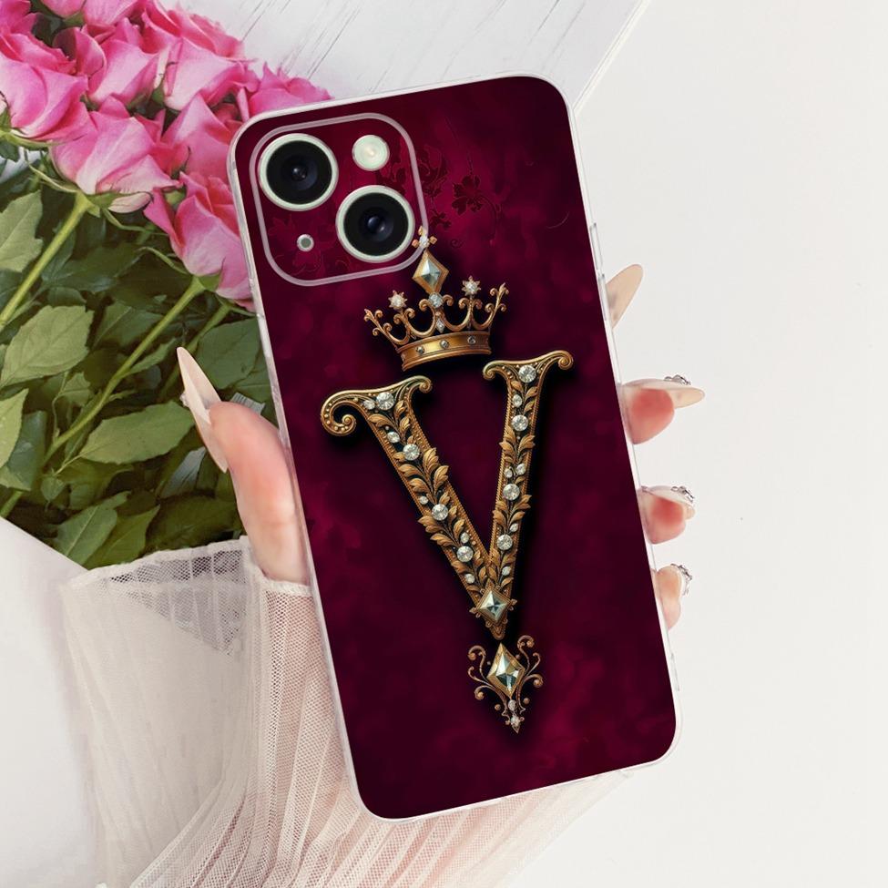 Transparent For iPhone 15 Case Cover Transparent Luxury Crown A-Z Letters 2D Flat Pattern Soft Casing A3092 A3090 A2846 A3089