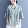 Sommermode Halbarmhemd Damen High Street Casual Locker Bestickt Knopf Pullover Baumwolle Hanf Vintage Chic Oberteile