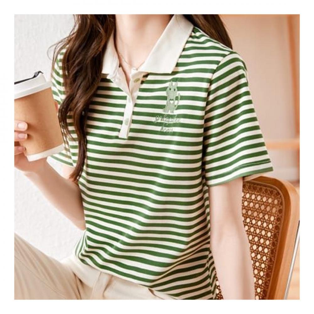 Navava Casual Cat Embroidery Striped Short Sleeve Polo Shirt Nt677