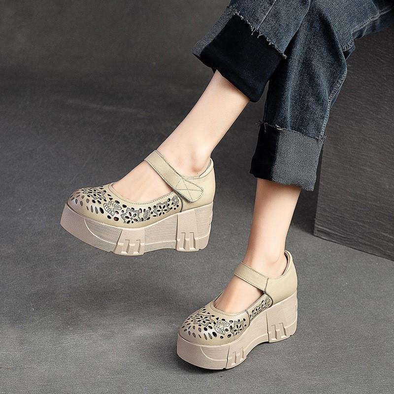 Johnature Zapatos de plataforma con punta redonda y suela gruesa para mujer, sandalias de cuña caladas cómodas Vintage de cuero genuino