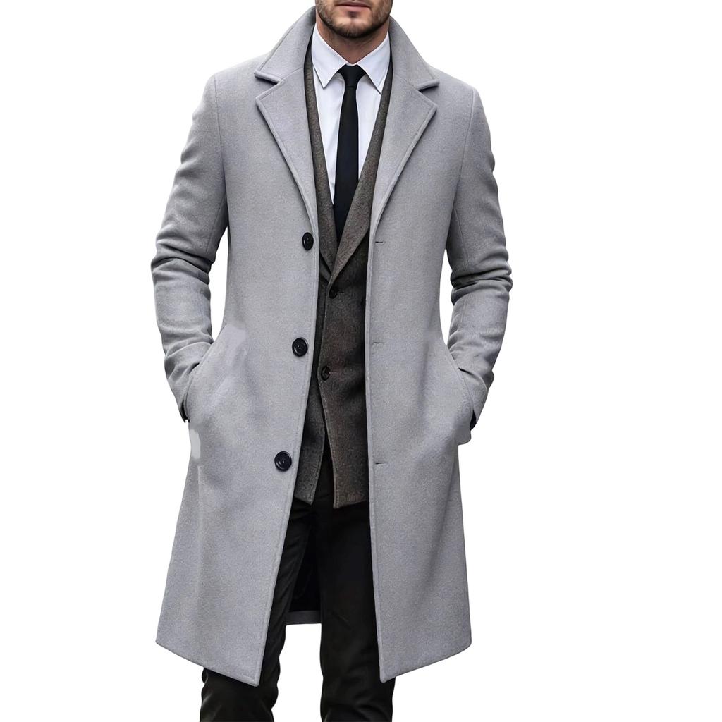 Men's Wool Mid-Length Overcoat Slim Fit Trench Coat for Fall and Winter