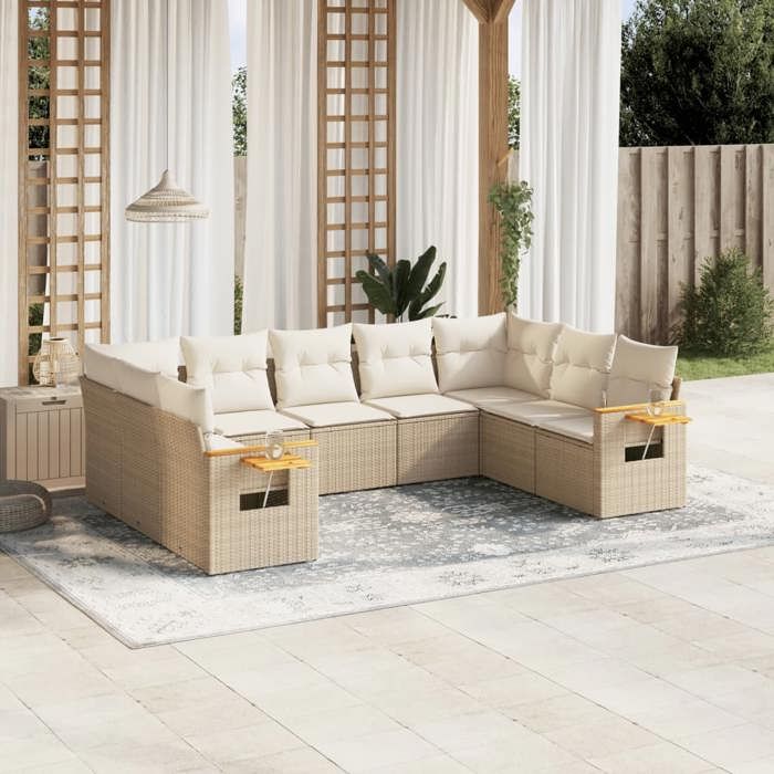 VidaXL Salon de Jardin avec Coussins 9 pcs, Canapés de Terrasse, Ensemble de Meubles de Patio, Mobilier d'Extérieur, Beige 3259517