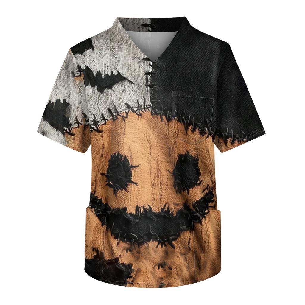 Men's Printing Short Sleeve V-neck Working Blouse Chest Pocket Carer Top