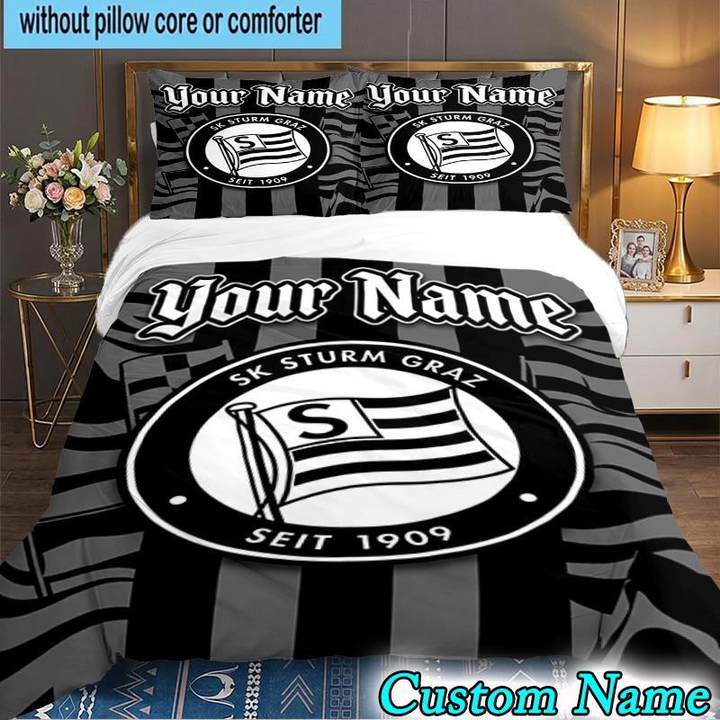 Benutzerdefinierter Name Sturm Graz Fußballwappen 3-teiliges Bettwäscheset für Schlafzimmer Studentenwohnheim, inklusive 1 Bettbezug und 2 Kissenbezügen, große Größe, Fangeschenk