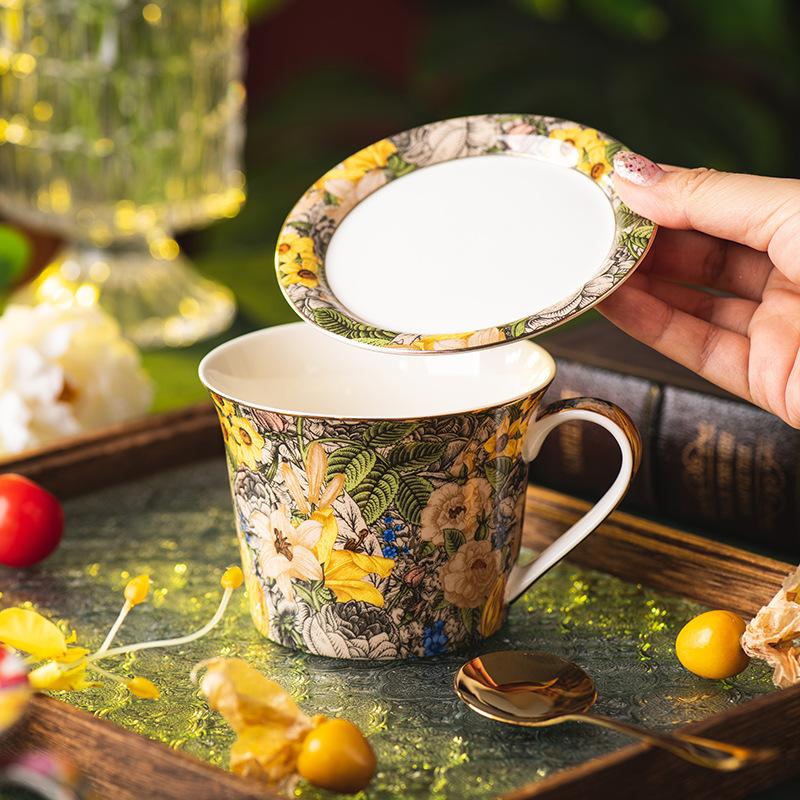 European Painted Flower Coffee Cup with LidFine Ceramic Breakfast Oat Milk Mug Afternoon Tea Flower Tea Coffee Mug 430ml Gifts