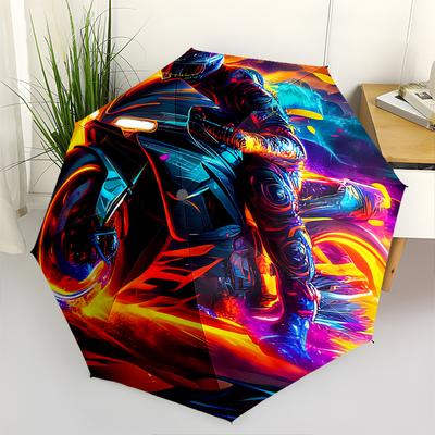 Motorcycle Rider Theme 8 Bone Hand Automatic Folding Umbrella, Compact and Portable Design, A Perfect Gift for Birthday, Christmas or Busine