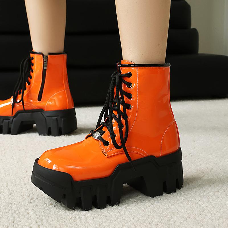Plus Size Sponge Cake Heel Thick Sole Rubber Glossy Patent Leather Short Boots Lace Up Zipper Height Increasing Women's Boots